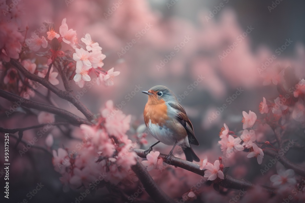  a bird sitting on a branch of a tree with pink flowers.  generative ai