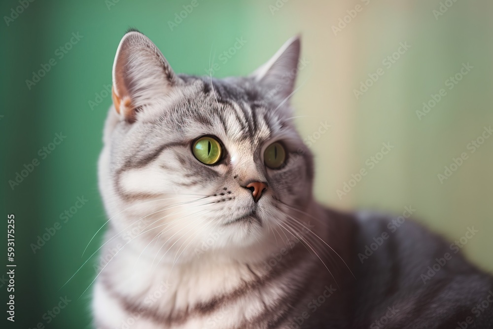  a gray cat with green eyes sitting on a table looking at the camera.  generative ai