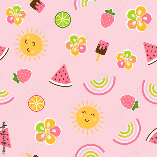 Cute childish seamless background with smiling sun, flowers and rainbow, ice cream, watermelon and strawberries.