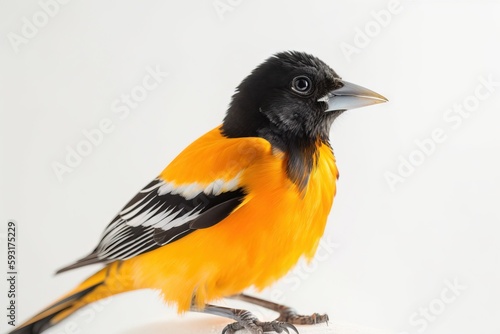  a yellow and black bird sitting on top of a white surface. generative ai