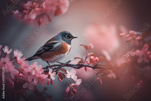  a bird sitting on a branch of a tree with pink flowers. generative ai