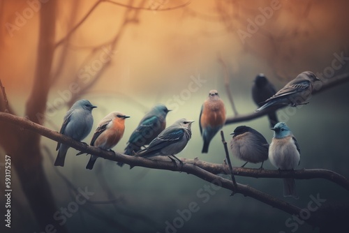  a group of birds sitting on a branch in a tree. generative ai