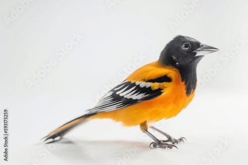  a small bird with a black head and yellow wings on a white background.  generative ai © Jevjenijs