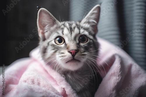  a cat with a towel around it's neck looking at the camera. generative ai