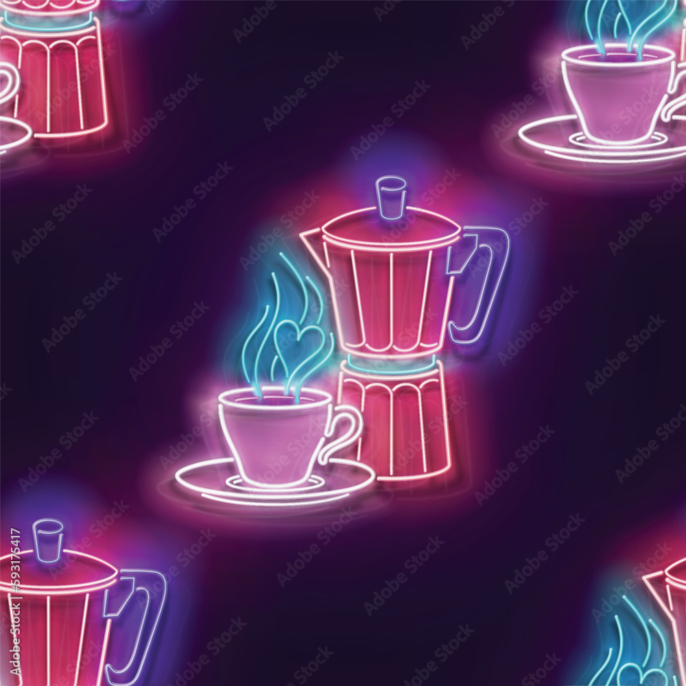 Seamless pattern with glow Cup of Coffee and Geyser Coffee Maker. Cafe Label, Morning Drink. Neon Light Texture, Signboard. Glossy Background. Vector 3d Illustration