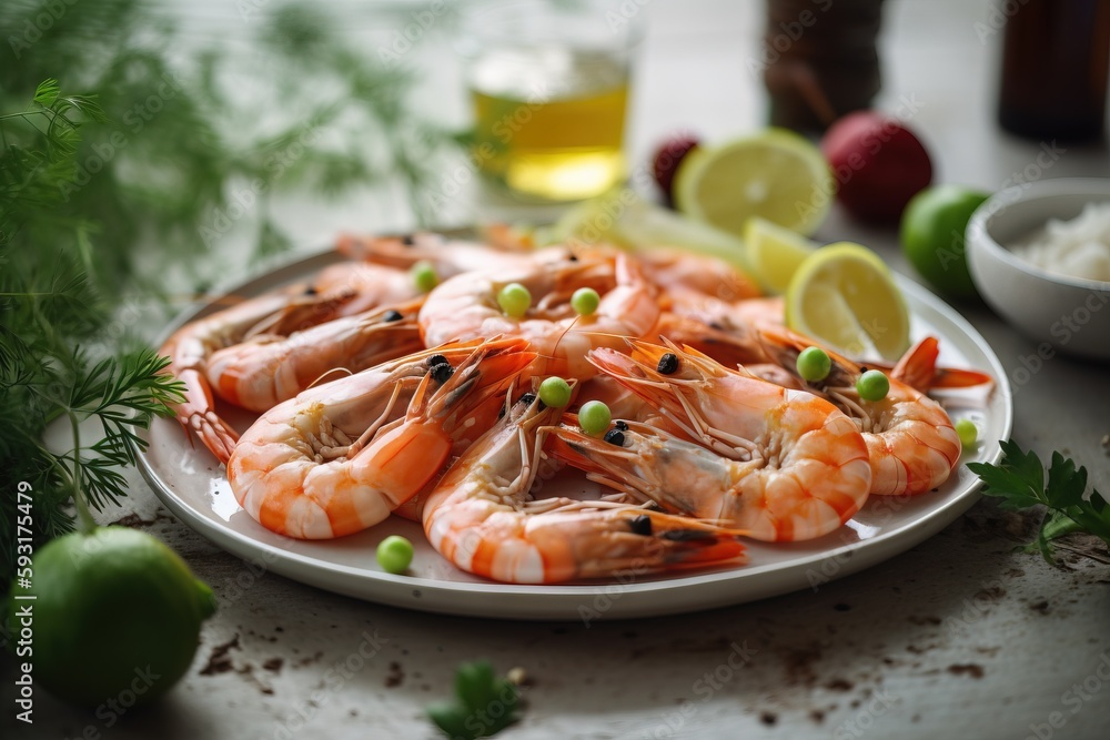 a white plate topped with shrimp next to lemon wedges. generative ai a white plate topped with shrimp next to lemon wedges. generative ai