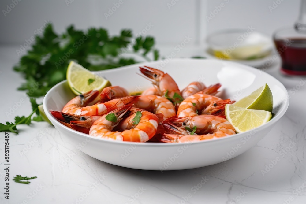 a white bowl filled with shrimp and garnished with lime. generative ai a white bowl filled with shrimp and garnished with lime. generative ai