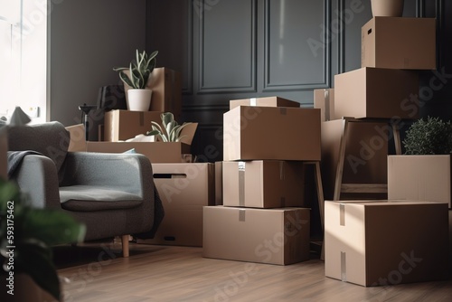  a living room filled with lots of boxes and a chair.  generative ai © Nadia