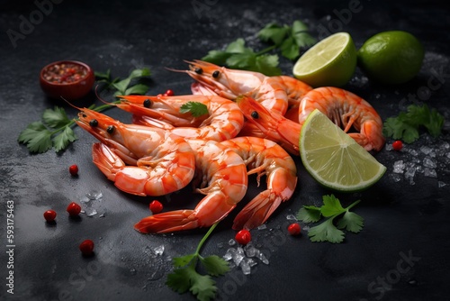  a pile of shrimp next to a lime and a lime slice.  generative ai