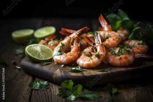  a close up of a plate of shrimp with limes.  generative ai