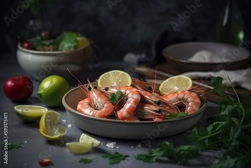  a bowl of shrimp with lemons, parsley and tomatoes. generative ai