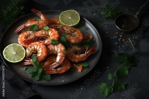  a plate of shrimp with limes and cilantro. generative ai