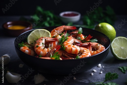  a bowl filled with shrimp and garnished with cilantro. generative ai