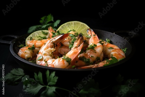  a pan filled with shrimp and garnished with cilantro.  generative ai