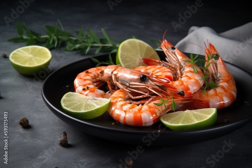  a black plate topped with shrimp and limes next to a slice of lime. generative ai