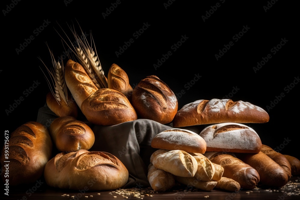 a bunch of breads and rolls on a black background. generative ai a bunch of breads and rolls on a black background. generative ai
