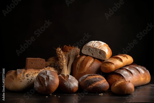  a pile of bread and other breads on a table. generative ai