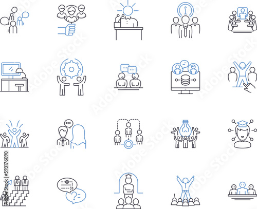 Virtual meeting outline icons collection. Online, Conferencing, Videoconferencing, Webinar, Teleconferencing, Zoom, Hangout vector and illustration concept set. Collaboration, Gatherings, Webcasting