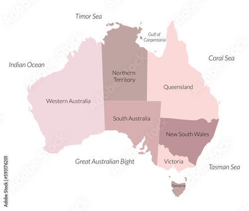 Australia map, political map and border ocean, pink color 