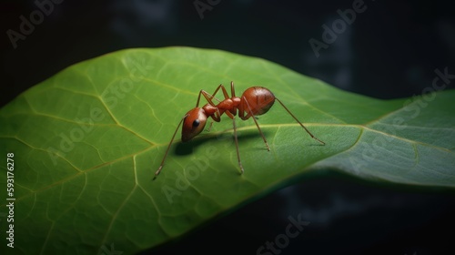 An ant resting on a green leaf, Generative AI © RichGraphix