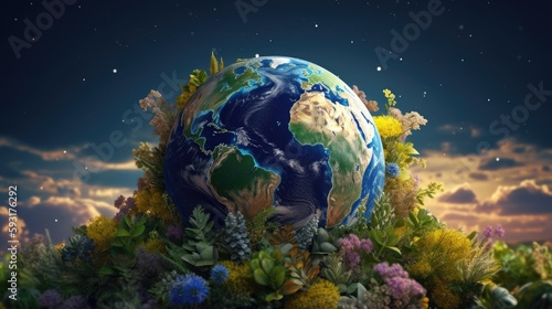 Planet Earth is covered with beautiful flowers with clouds and stars, Earth day or World Environment Day concept, Generative AI  © RichGraphix