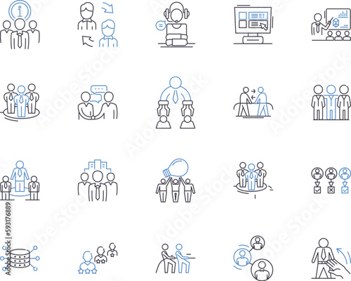 Collaborators outline icons collection. Partners, Teammates, Colleagues, Allies, Associates, Contributors, Aides vector and illustration concept set. Workers, Helpers, Unitees linear signs photo