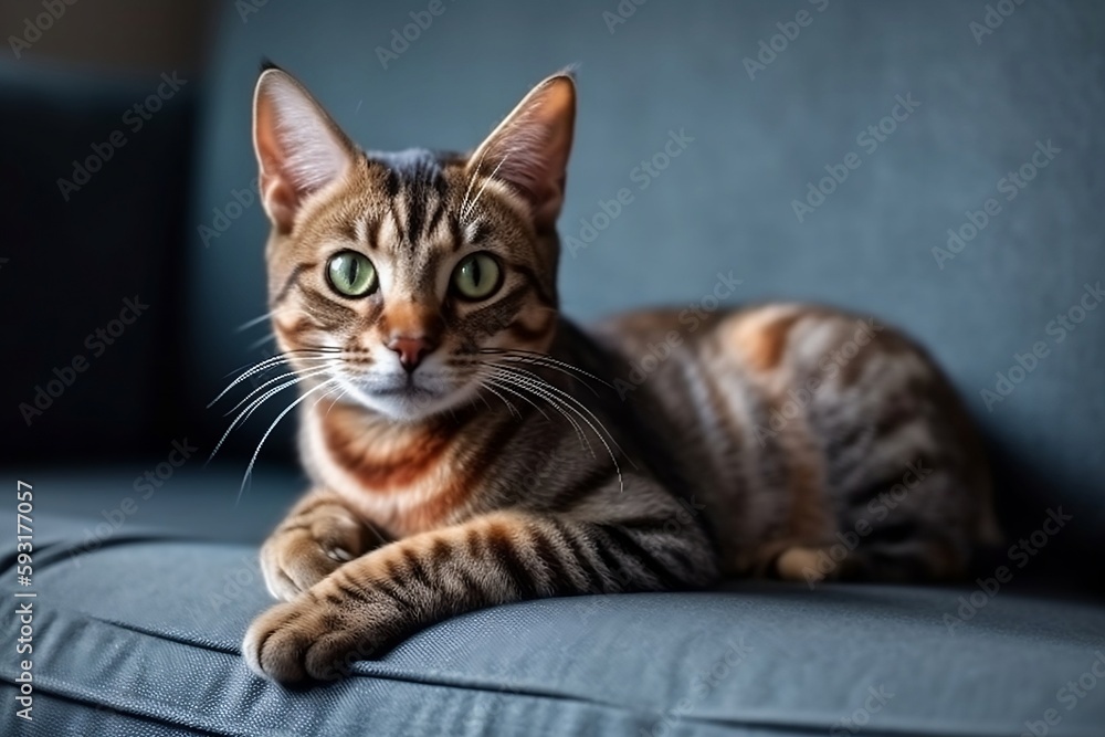 A striped red cat lies on a sofa. Generative AI.