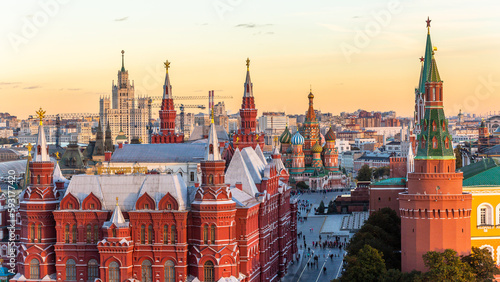 Aerial view Red Square at Moscow City, Russia, Famous square in Europe, State Historical Museum on Red Square in Moscow, Russia.