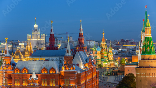 Aerial view Red Square at Moscow City, Russia, Famous square in Europe, State Historical Museum on Red Square in Moscow, Russia.