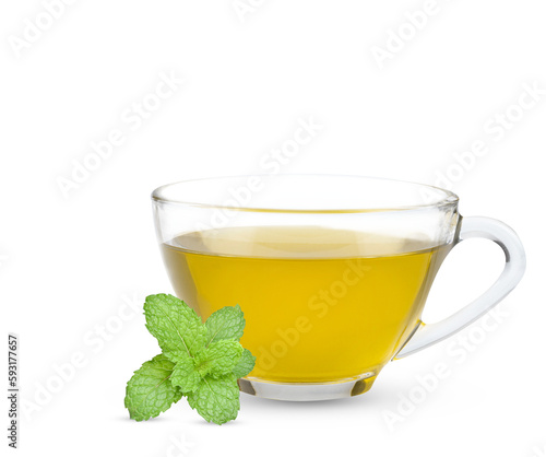 Cup with hot aromatic mint tea isolate on transparent.