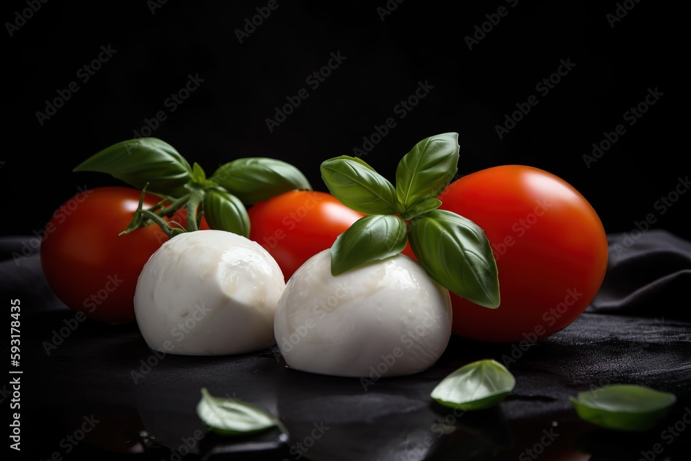 a group of tomatoes and mozzarella on a black surface. generative ai a group of tomatoes and mozzarella on a black surface. generative ai