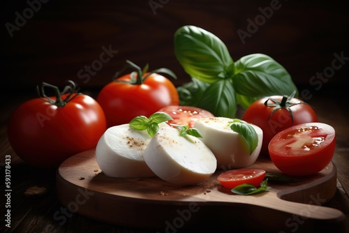 tomatoes, mozzarella and basil on a cutting board.  generative ai
