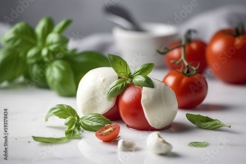  tomatoes  mozzarella and basil on a white surface.  generative ai