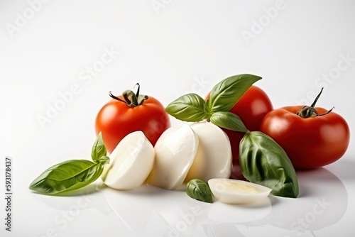  tomatoes, mozzarella and basil on a white background. generative ai