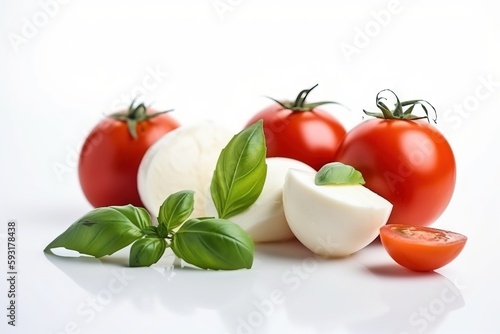  a group of tomatoes, cheese, and basil on a white background. generative ai