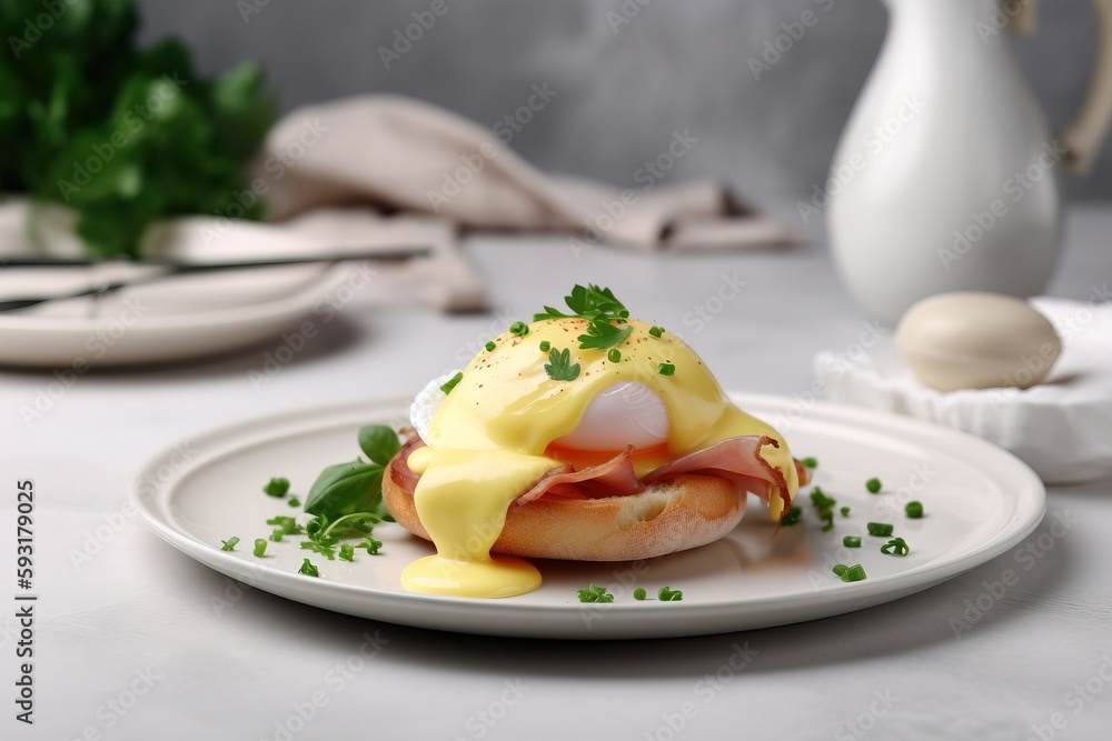 a white plate topped with a sandwich covered in eggs and ham. generative ai a white plate topped with a sandwich covered in eggs and ham. generative ai