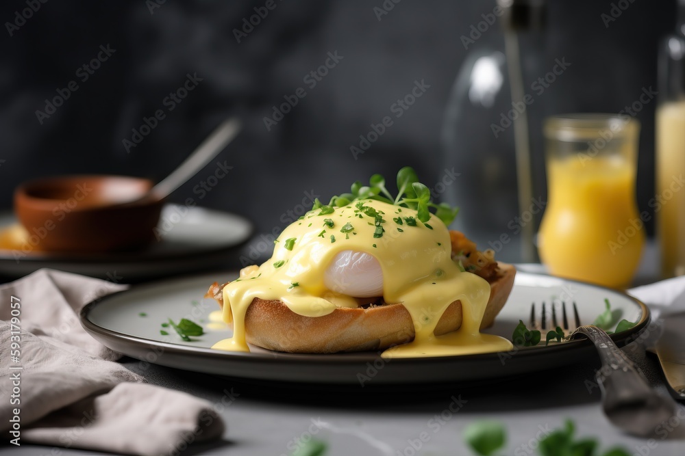 a plate of food with eggs and hollandaise on it. generative ai a plate of food with eggs and hollandaise on it. generative ai
