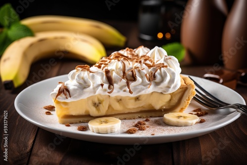  a banana cream pie on a white plate with a fork.  generative ai