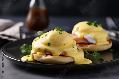 a black plate topped with eggs benedict and hollandaise.  generative ai photo