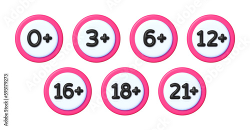 Age limit sign set in 3D style. Adults content only age restriction 0, 3, 6,12, 14, 16, 18, 21 plus years old 3D icons.