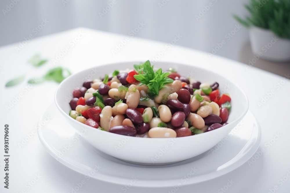 a white bowl filled with beans and vegetables on a table. generative ai a white bowl filled with beans and vegetables on a table. generative ai