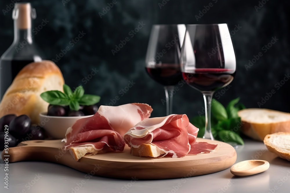  a table topped with a plate of food and two glasses of wine.  generative ai