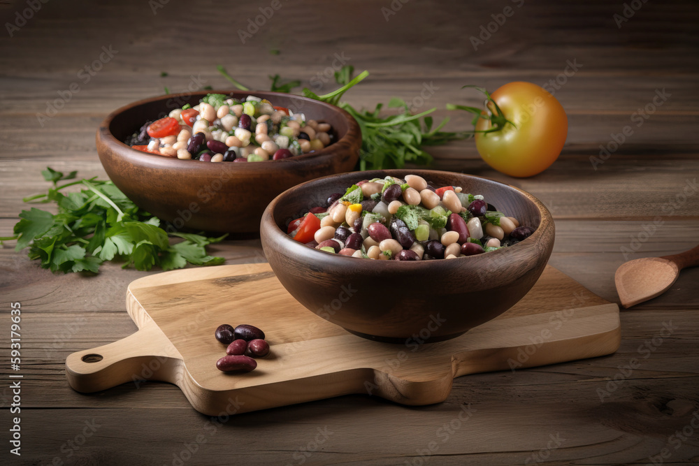 two bowls of beans and vegetables on a cutting board next to a tomato. generative ai two bowls of beans and vegetables on a cutting board next to a tomato. generative ai