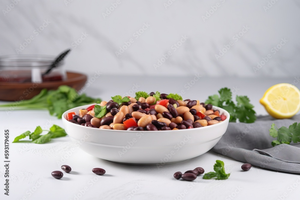 a white bowl filled with beans and vegetables next to a lemon. generative ai a white bowl filled with beans and vegetables next to a lemon. generative ai