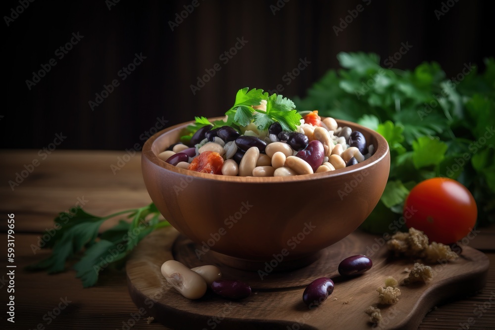 a wooden bowl filled with lots of different types of food. generative ai a wooden bowl filled with lots of different types of food. generative ai