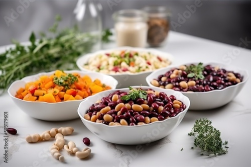  a table topped with bowls filled with different types of food.  generative ai © Nadia