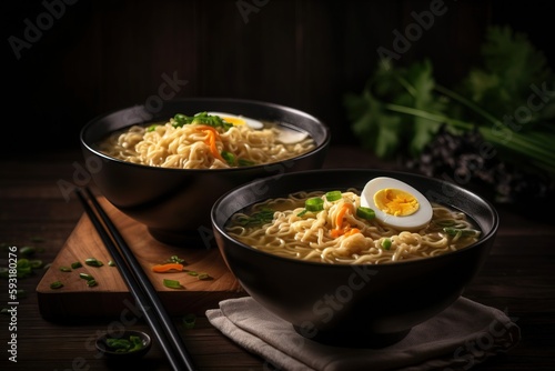  two bowls of ramen with an egg on top of it. generative ai