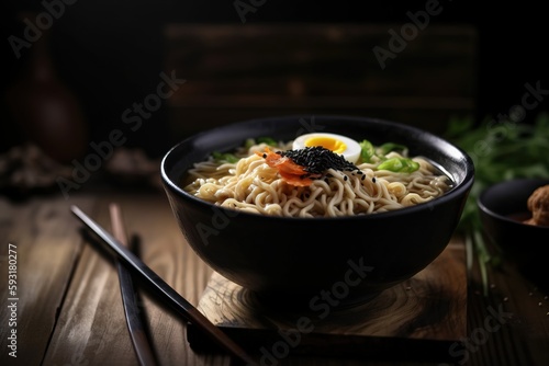  a bowl of noodles with an egg on top of it. generative ai