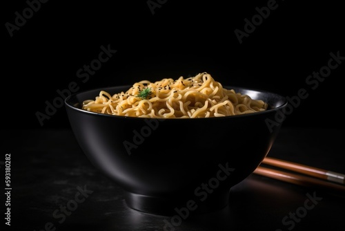  a bowl of noodles with chopsticks on a black table. generative ai
