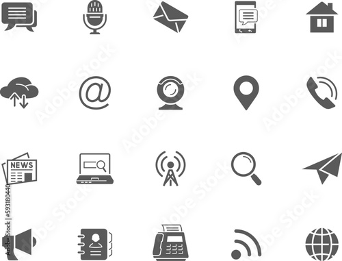 Set of communication and information vector black icons. Contact simple symbols isolated on white